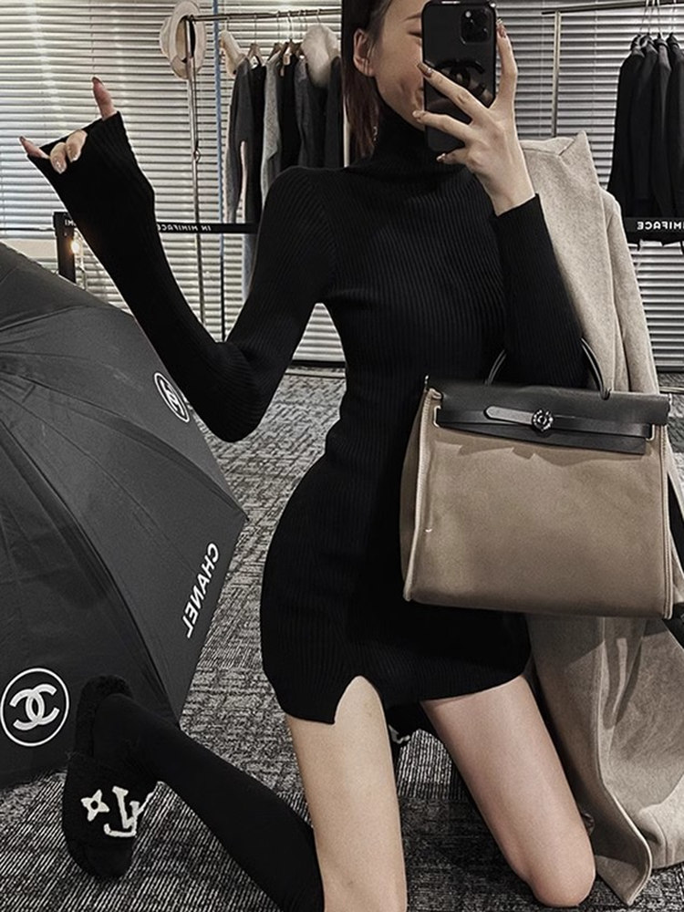 レディース ボディコン ミニニットドレス タートルネック ソ - Bodycon Long Sleeve Ribbed Dress のレビューと価格