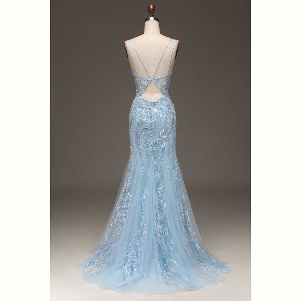 エレガントなライトブルーサテン女性イブニングパーティードレス - Elegant Satin Evening Gown Split のレビューと価格