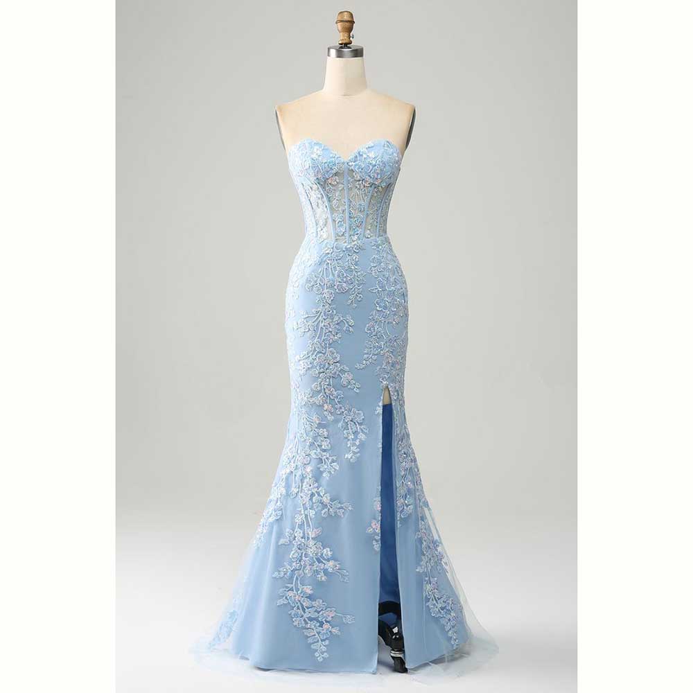 エレガントなライトブルーサテン女性イブニングパーティードレス - Elegant Satin Evening Gown Split のレビューと価格