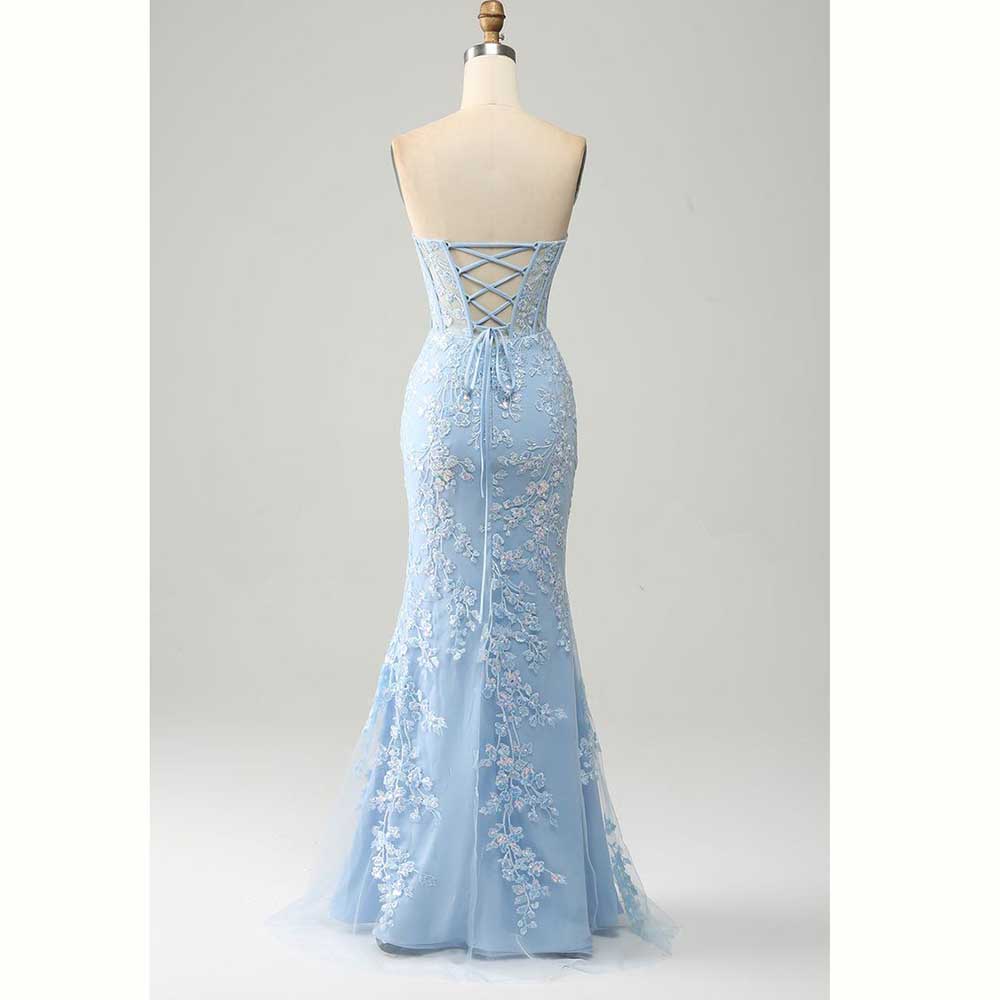 エレガントなライトブルーサテン女性イブニングパーティードレス - Elegant Satin Evening Gown Split のレビューと価格