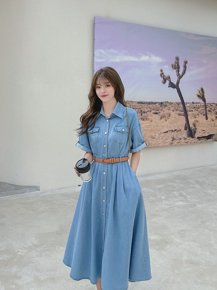 レディースデニムワンピース 2026夏新作 韓国風 膝丈Aラ - Korean Style A Line Shirt Dress のレビューと価格