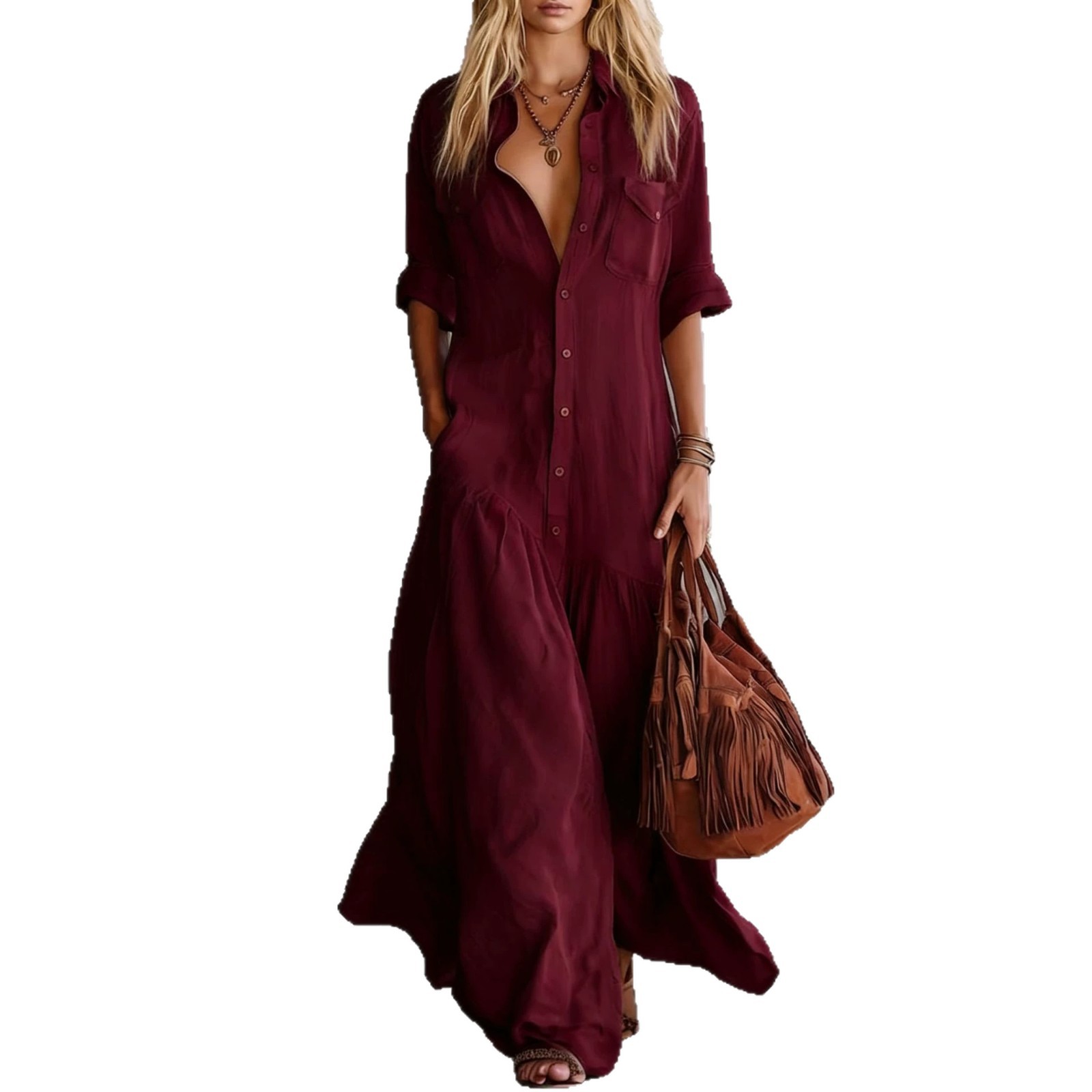 2026年女性用夏物コットンリネンマキシシャツドレス、長袖ボ - Casual Loose Linen Shirt Dress のレビューと価格