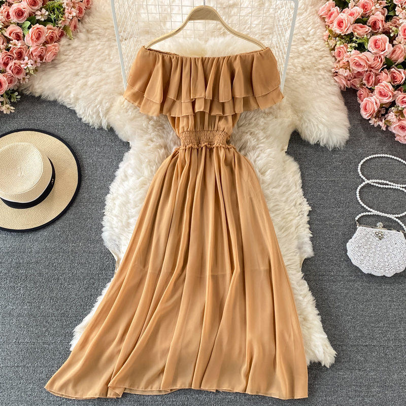 女性のための裸の肩のシフォンドレス,セクシーなビーチドレス, - Off Shoulder Puff Sleeve Sundress のレビューと価格