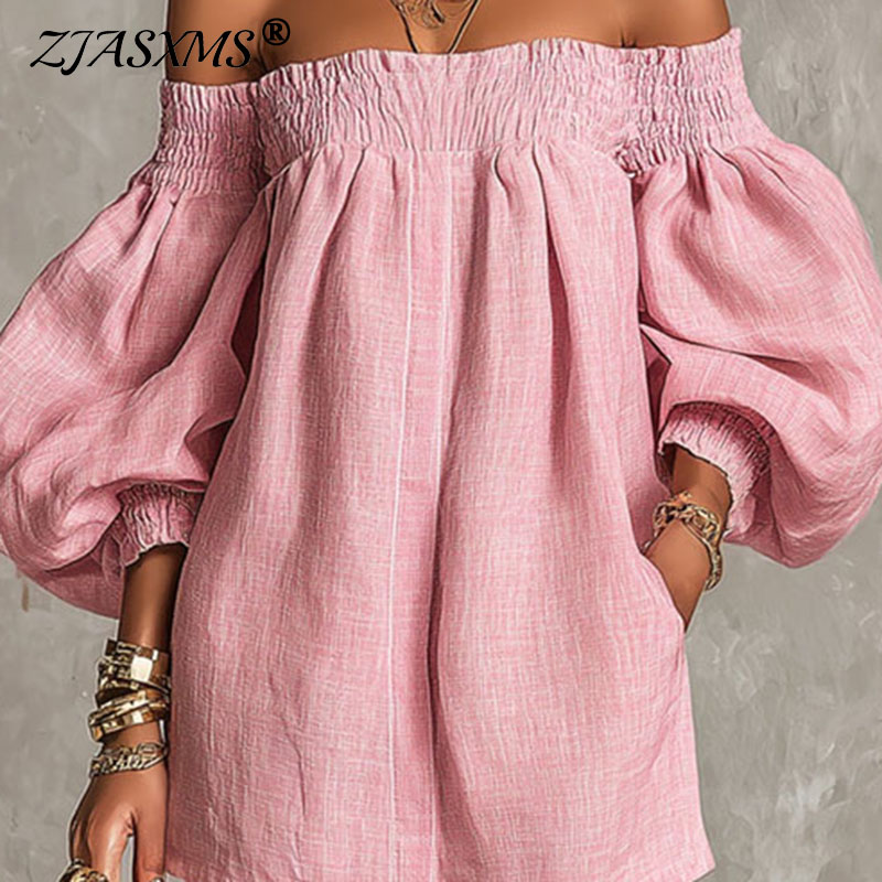 女性用 オフショルダー 新作ドレス ロングパフスリーブ スモ - Off Shoulder Puff Sleeve Sundress のレビューと価格