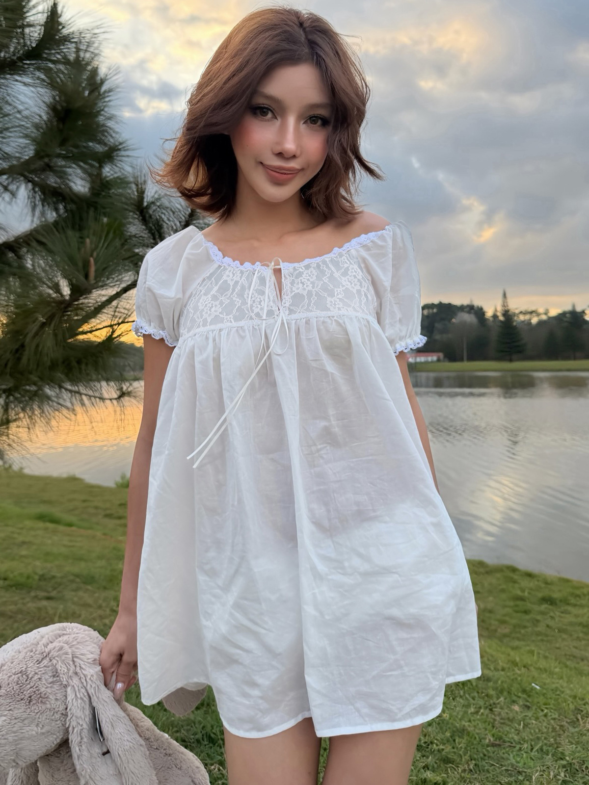 ホワイトオフショルダーレースベビードールミニドレス女性パフ半 - Off Shoulder Puff Sleeve Sundress のレビューと価格