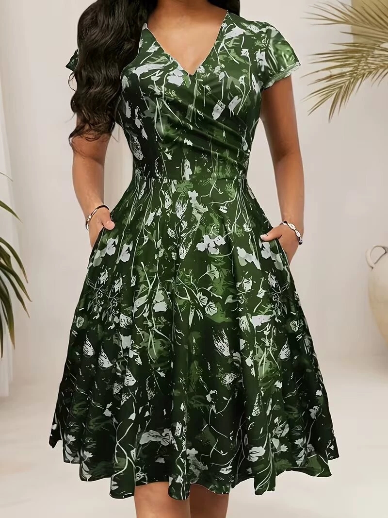 2026年夏 ラウンドネック ポケット付き半袖ロングワンピー - French Vintage Floral Midi Dress のレビューと価格