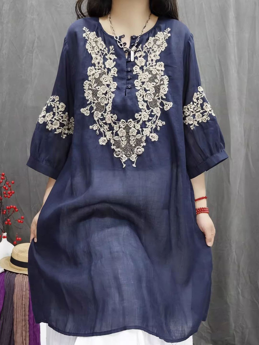 レトロな綿麻刺繍トップス、万能なルーズフィットカジュアルシャ - Casual Loose Linen Shirt Dress のレビューと価格