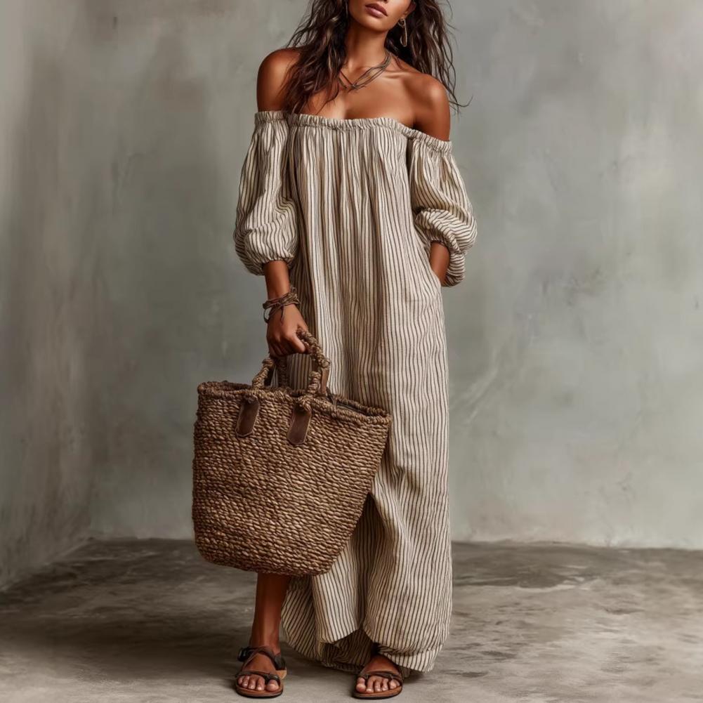 春夏の女性のオフショルダーマキシドレスストライプパフロングド - Off Shoulder Puff Sleeve Sundress のレビューと価格