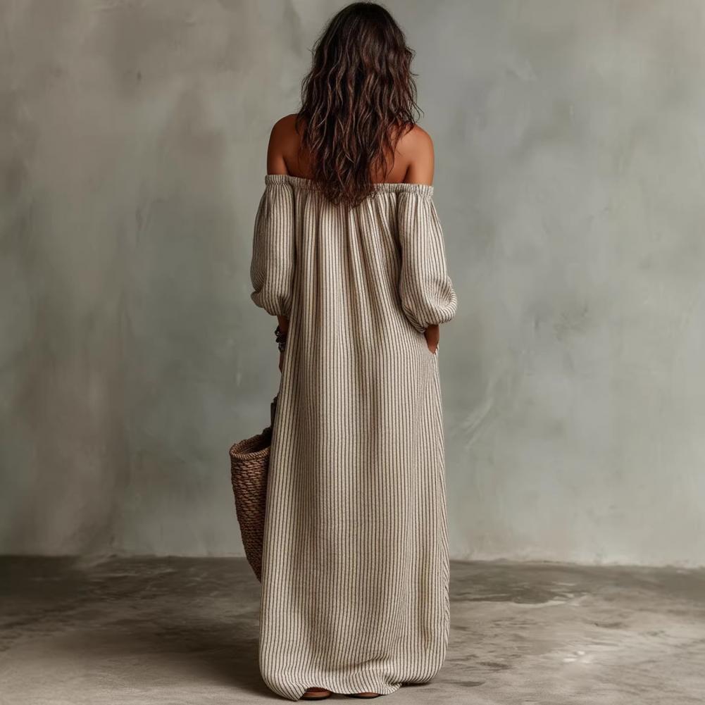 春夏の女性のオフショルダーマキシドレスストライプパフロングド - Off Shoulder Puff Sleeve Sundress のレビューと価格