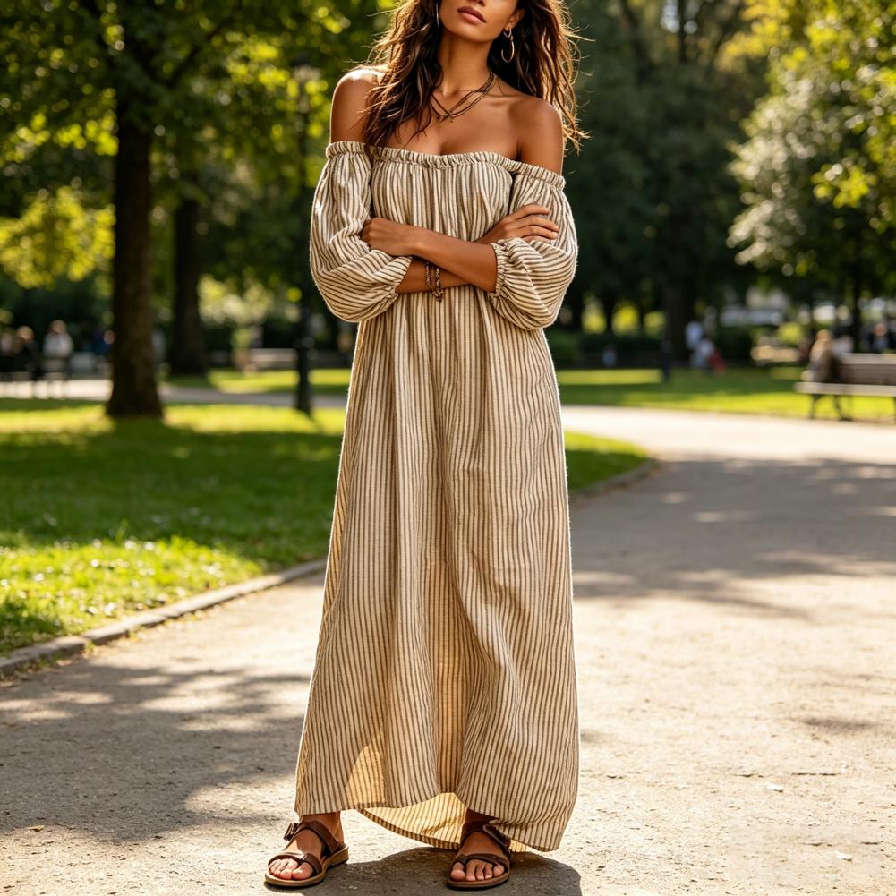 春夏の女性のオフショルダーマキシドレスストライプパフロングド - Off Shoulder Puff Sleeve Sundress のレビューと価格