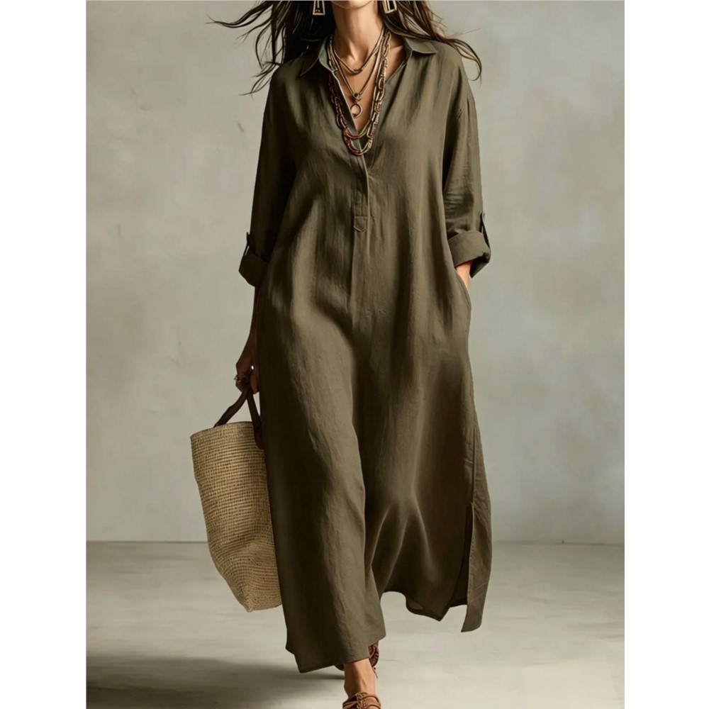 女性ヴィンテージリネンシャツドレスラペル襟ボタン長袖ルーズサ - Casual Loose Linen Shirt Dress のレビューと価格