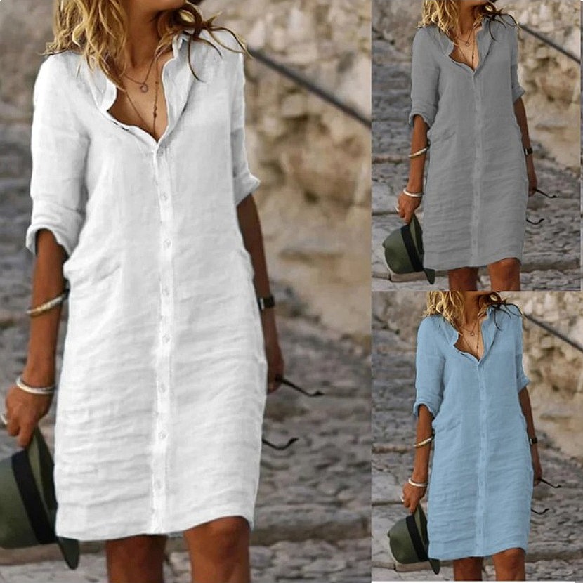 ルーズフィット ボタンダウン ミディシャツドレス コットンリ - Casual Loose Linen Shirt Dress のレビューと価格