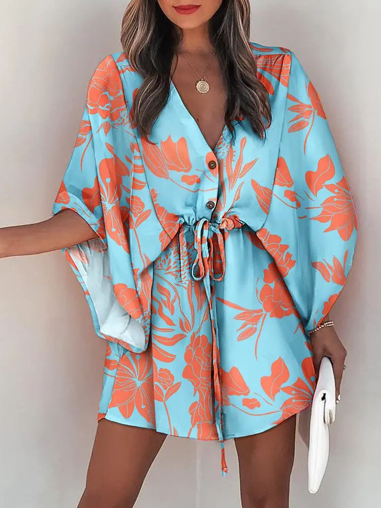 夏のカジュアルドレスの女性のファッションフライングスリーブ  - French Vintage Floral Midi Dress のレビューと価格