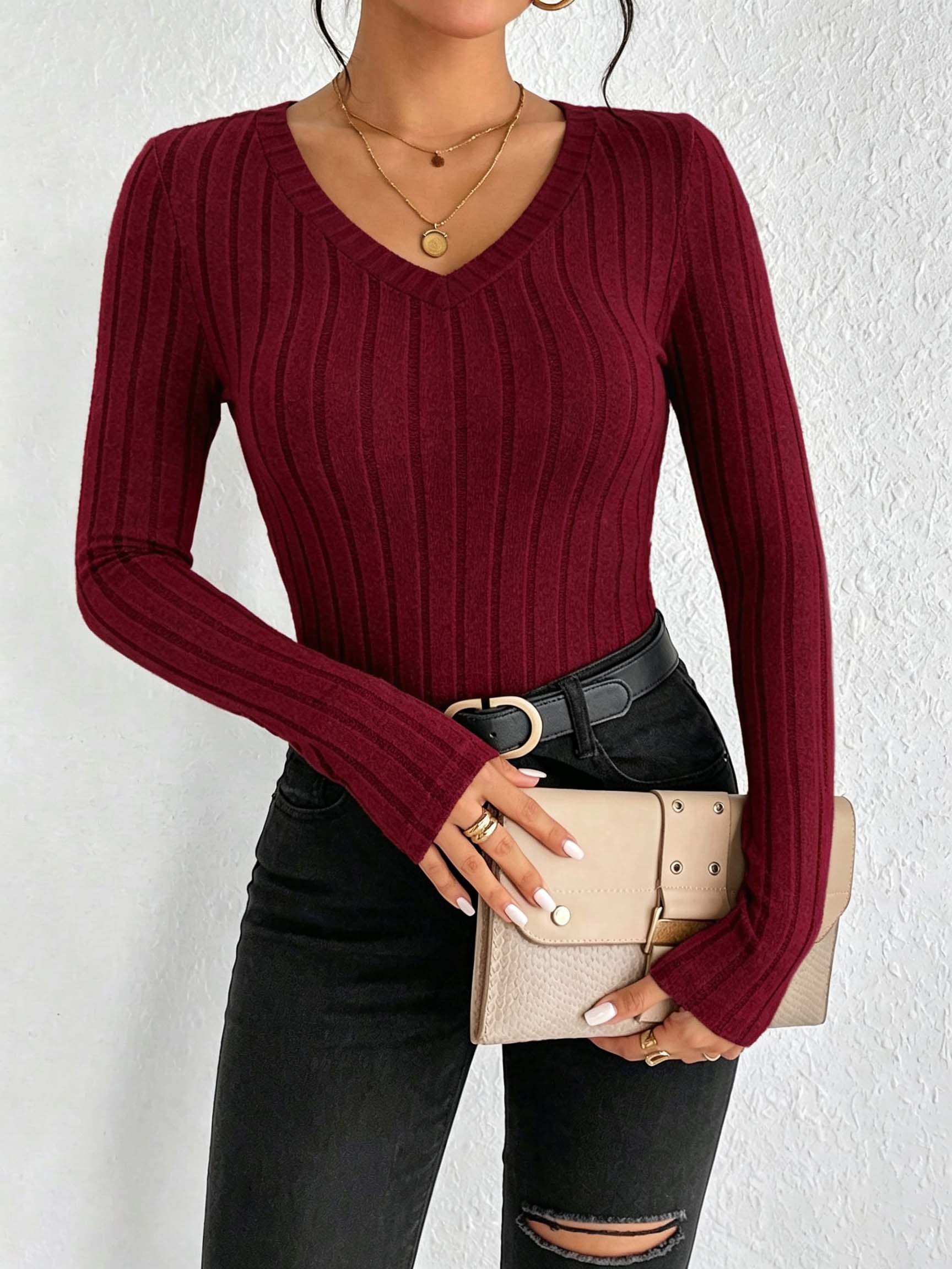 レディース無地Vネックリブニットトップ、スリムフィットストレ - Blouses のレビューと価格