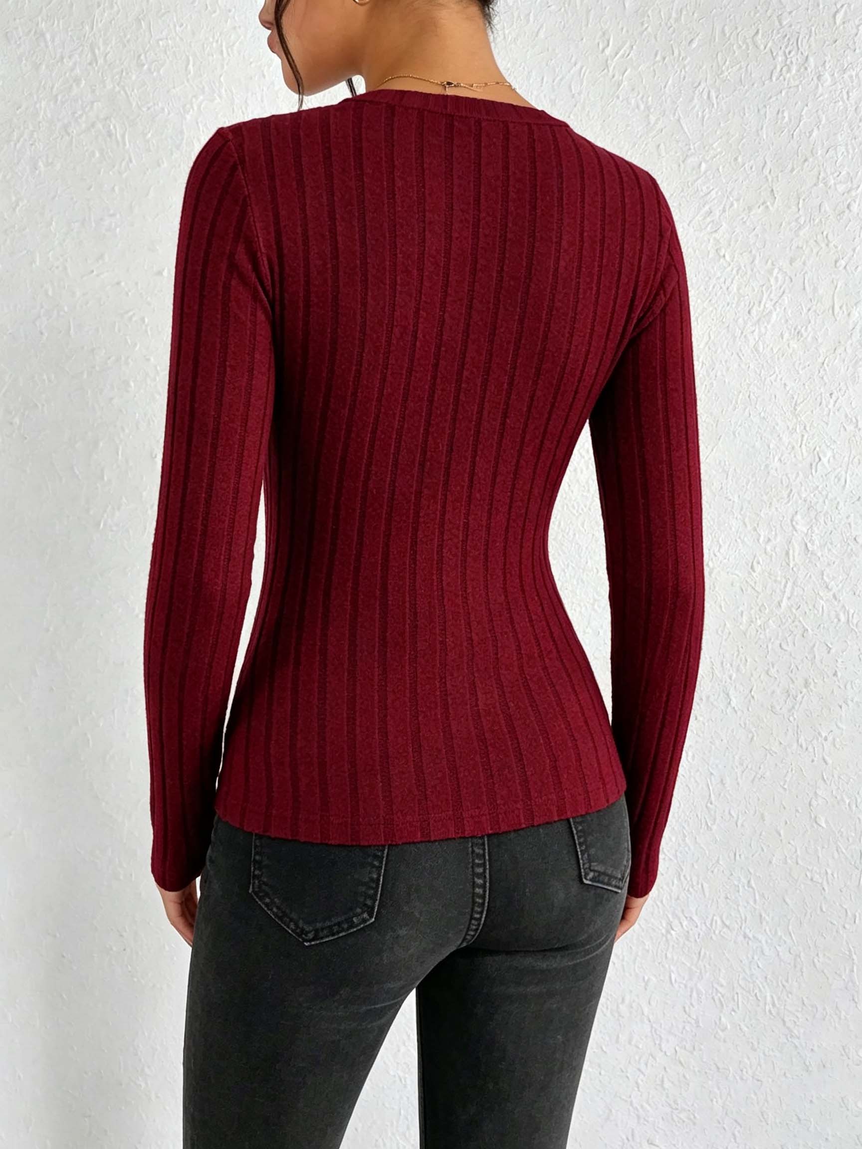 レディース無地Vネックリブニットトップ、スリムフィットストレ - Blouses のレビューと価格
