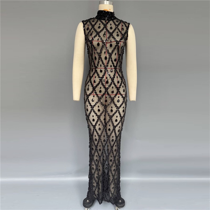 黒のキラキラ輝くセクシーなプロムドレス、ハイネック、ノースリ - Sexy Mesh Sheer Bodycon Dress のレビューと価格