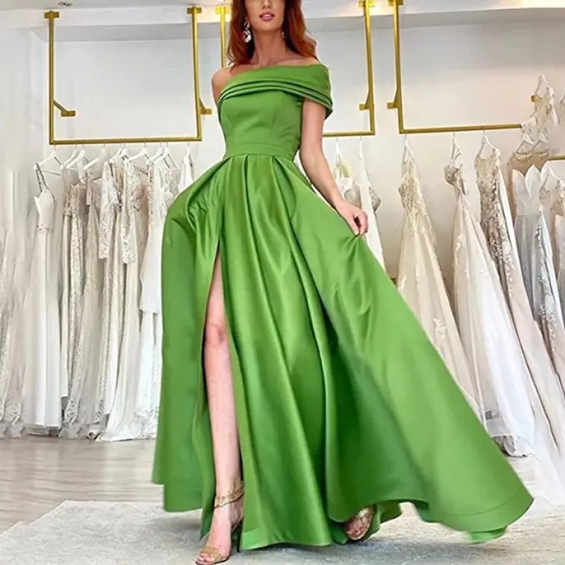 エレガントなオフショルダーサテンイブニングドレス、ハイ スリ - Elegant Satin Evening Gown Split のレビューと価格