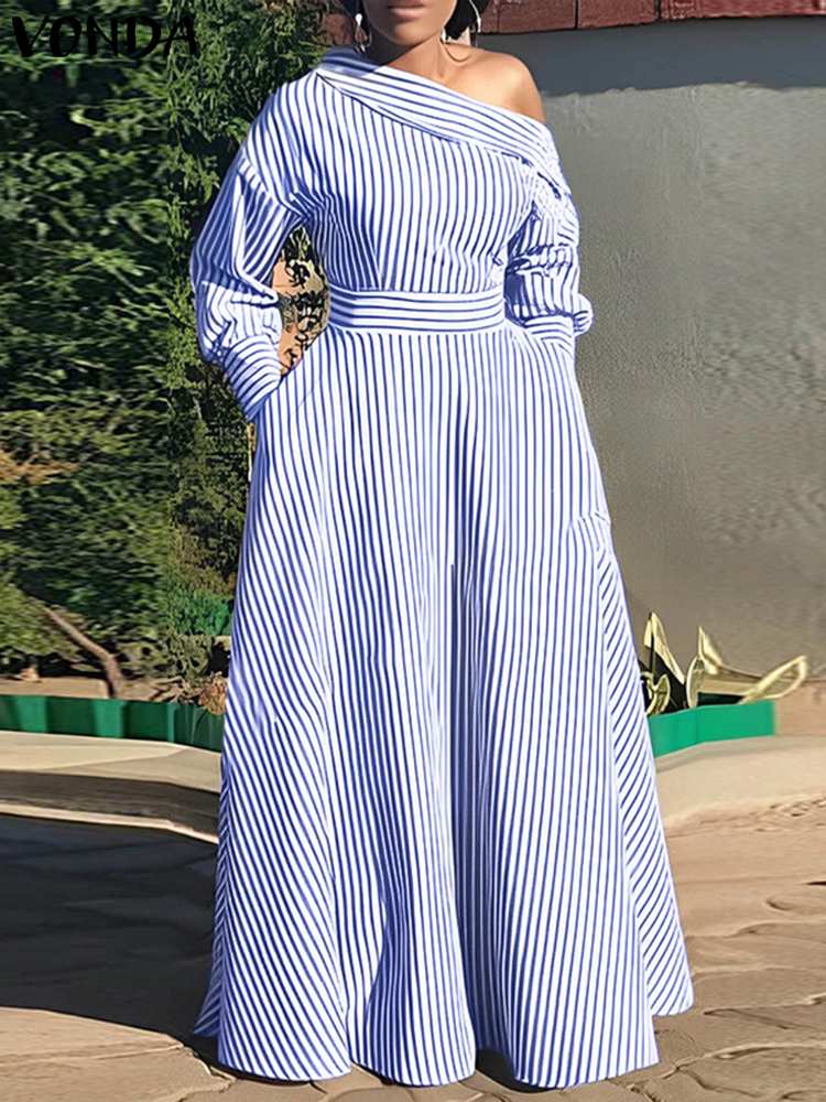 VONDA 2024 女性のエレガントなストライプマキシドレ - Off Shoulder Puff Sleeve Sundress のレビューと価格