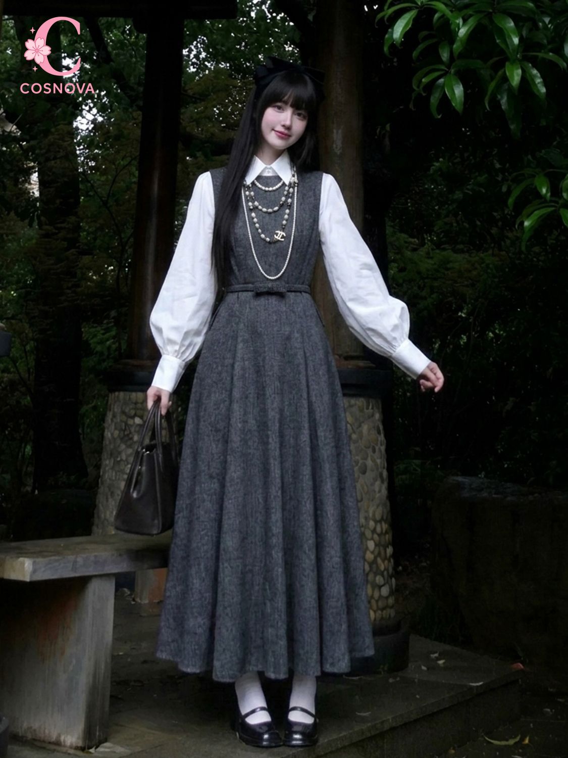 韓国風ヘップバーンスタイル2ピースドレスセット レディース  - Korean Style A Line Shirt Dress のレビューと価格