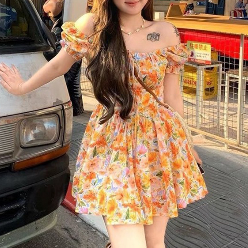 2026年新作 オレンジ色の花柄プリント オフショルダーミニ - Off Shoulder Puff Sleeve Sundress のレビューと価格