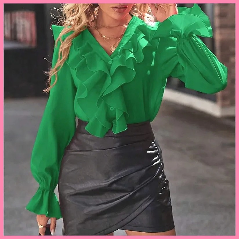 2025年ファッション Vネック ラッフル フレア袖 エレガ - Blouses のレビューと価格