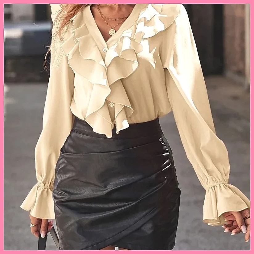 2025年ファッション Vネック ラッフル フレア袖 エレガ - Blouses のレビューと価格