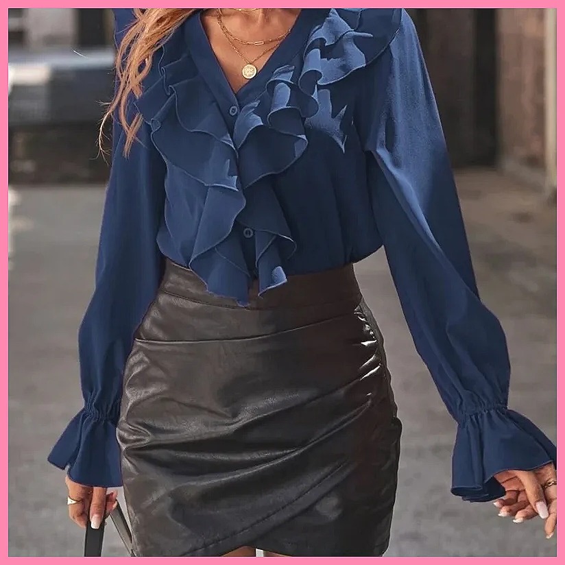 2025年ファッション Vネック ラッフル フレア袖 エレガ - Blouses のレビューと価格