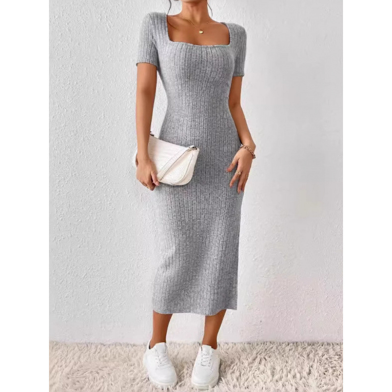 ヴィンテージリブニットミディドレス、スクエアネック長袖ボディ - Bodycon Long Sleeve Ribbed Dress のレビューと価格