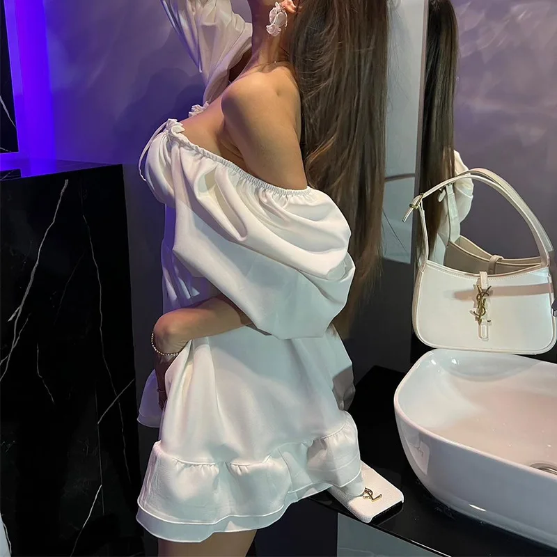レディースオフショルダーミニドレス 夏用無地サンドレス 半袖 - Off Shoulder Puff Sleeve Sundress のレビューと価格