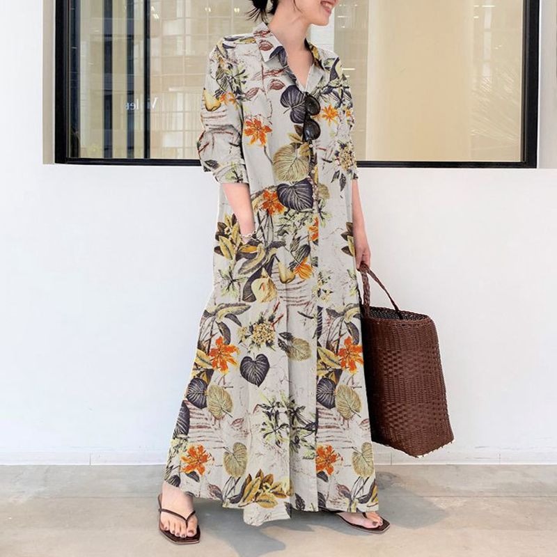 秋の新作プラスサイズカジュアルコットンリネンドレス5XL 6 - Casual Loose Linen Shirt Dress のレビューと価格