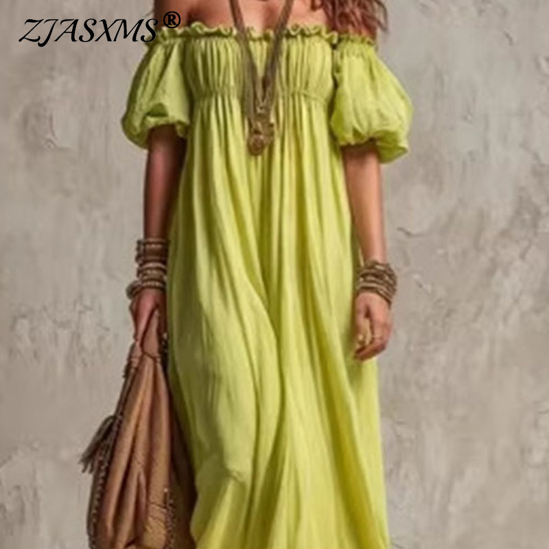 女性弾性ウエストカジュアル休暇サンドレスファッションオフショ - Off Shoulder Puff Sleeve Sundress のレビューと価格