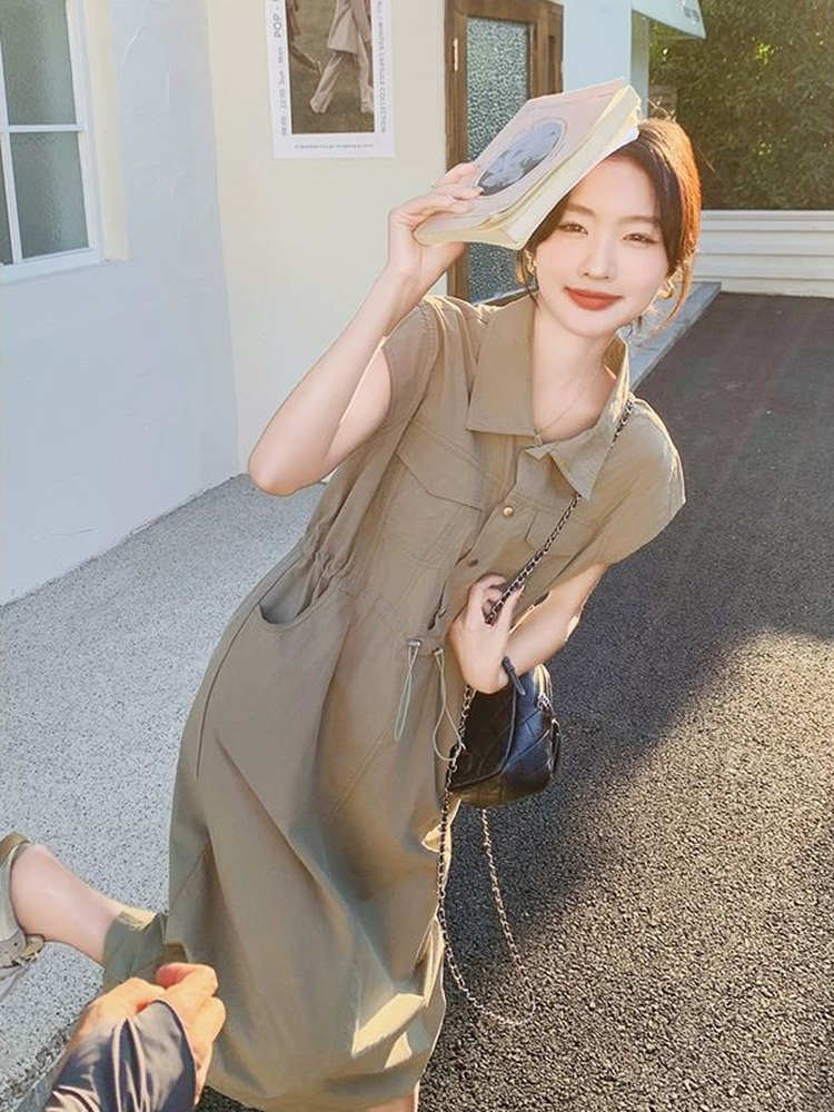 スリムフィットプラスサイズ韓国風通勤シャツワンピース レディ - Korean Style A Line Shirt Dress のレビューと価格