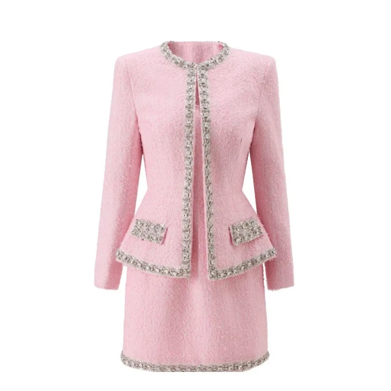 プレミアムピンクツイード レディース ツーピースセット、ビー - Tweed Two Piece Blazer Dress のレビューと価格