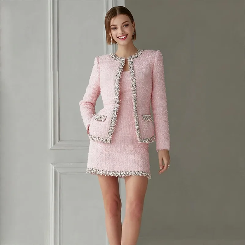 プレミアムピンクツイード レディース ツーピースセット、ビー - Tweed Two Piece Blazer Dress のレビューと価格