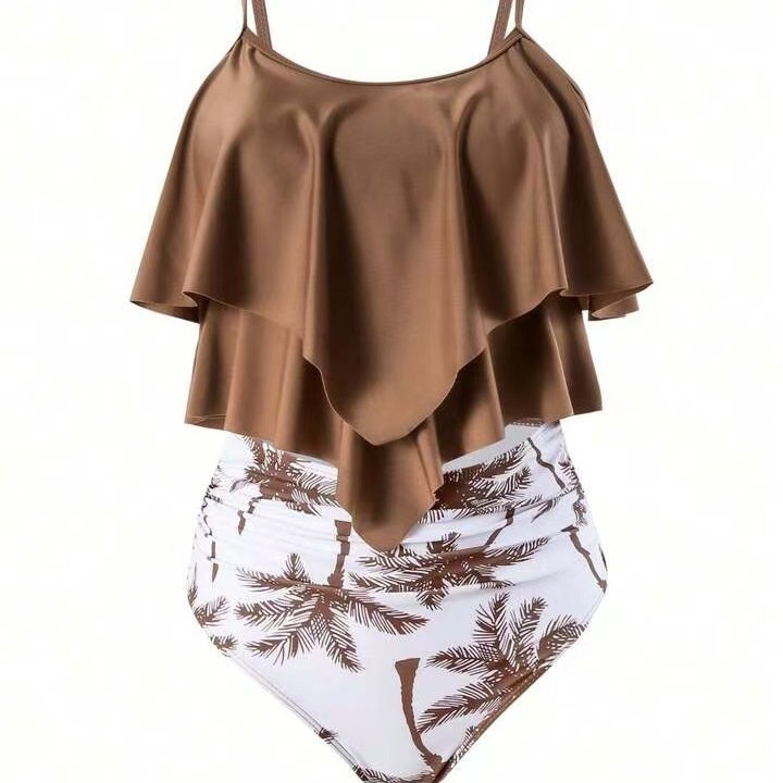 女性ビキニフリルトップハイウエストボトムパームプリントビキニ - Tops のレビューと価格