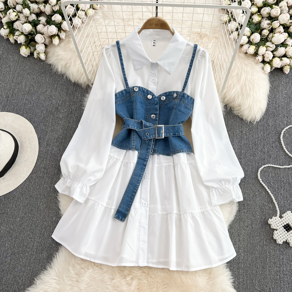 レトロ香港風長袖シングルボタンデニムシャツワンピースツーピー - Korean Style A Line Shirt Dress のレビューと価格