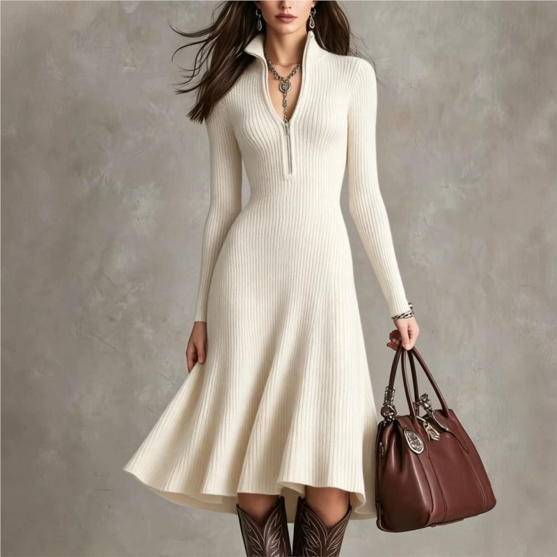 レディース リブニット ミディ丈ドレス、秋冬ファッション、ハ - Bodycon Long Sleeve Ribbed Dress のレビューと価格