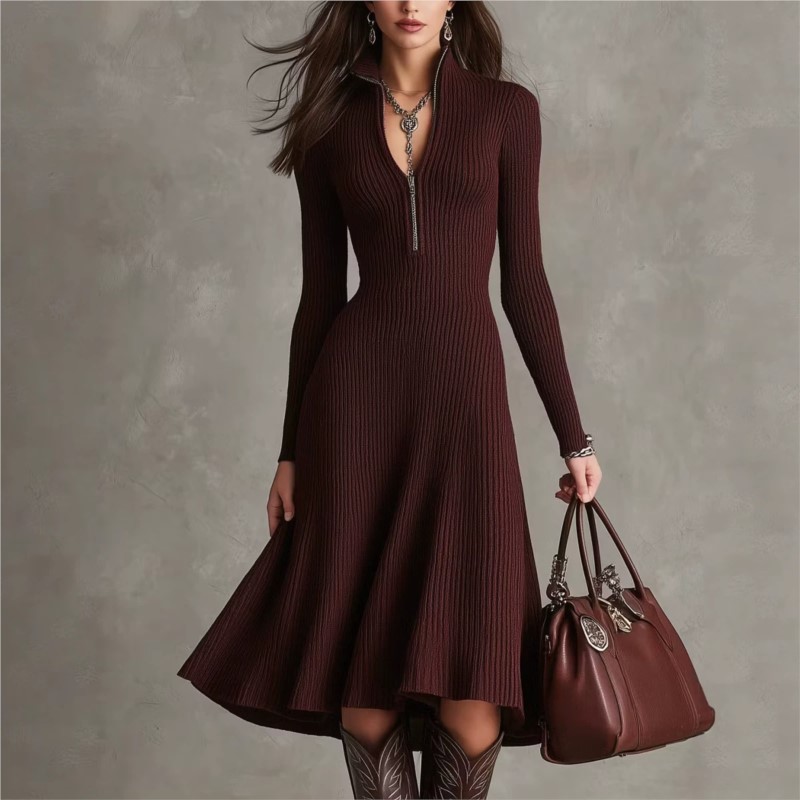 レディース リブニット ミディ丈ドレス、秋冬ファッション、ハ - Bodycon Long Sleeve Ribbed Dress のレビューと価格