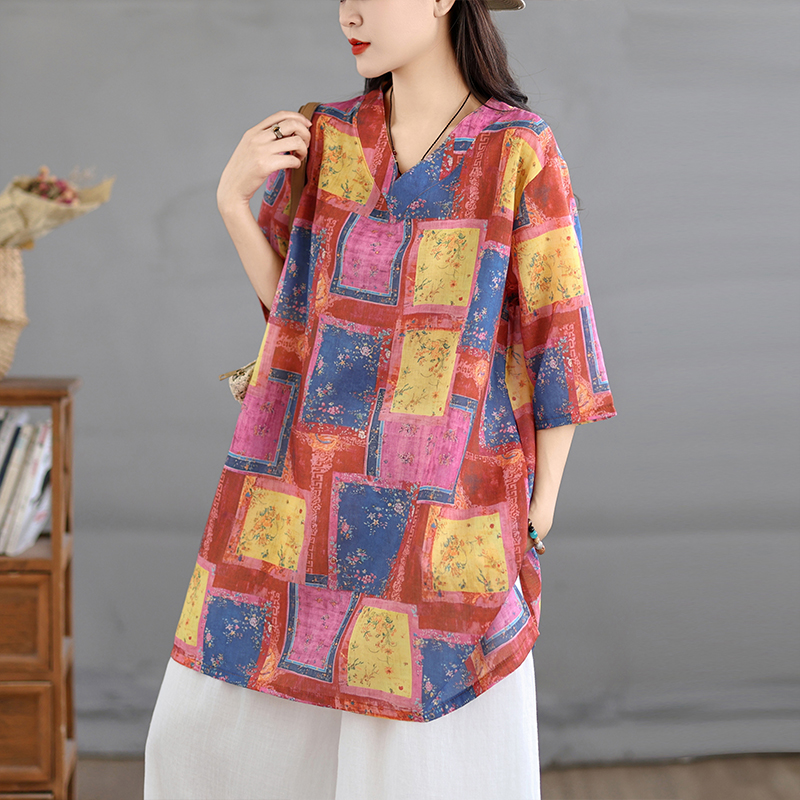 カジュアルコットンリネンプリントレトロシャツルーズVネックミ - Casual Loose Linen Shirt Dress のレビューと価格