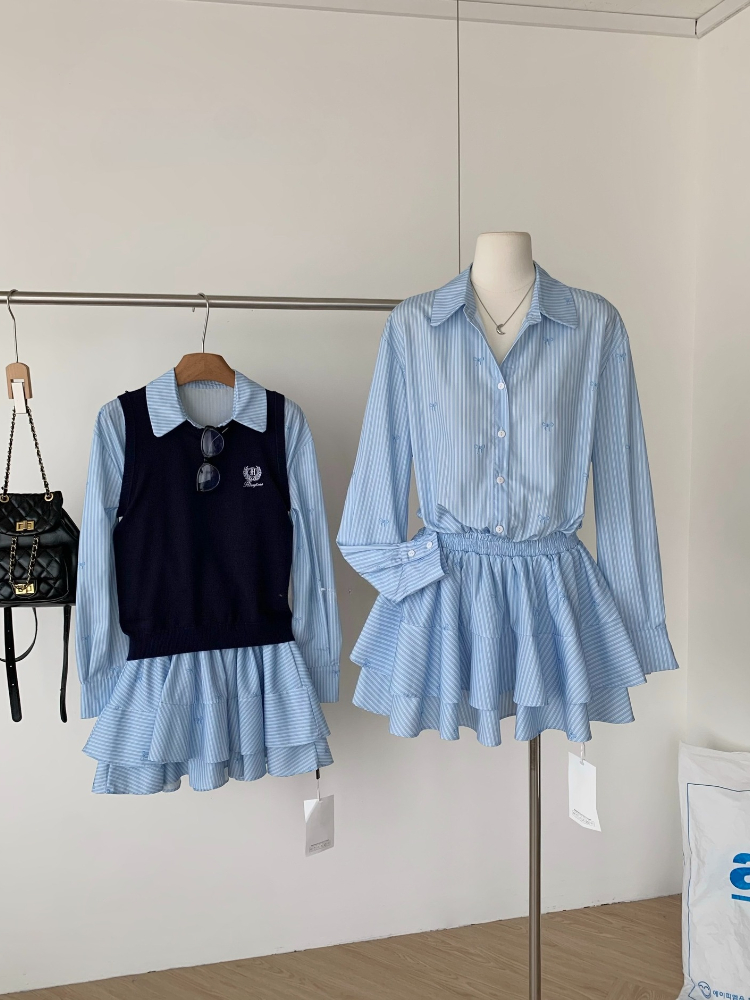 春秋韓国ファッションカレッジスタイルツーピースセット女性長袖 - Korean Style A Line Shirt Dress のレビューと価格