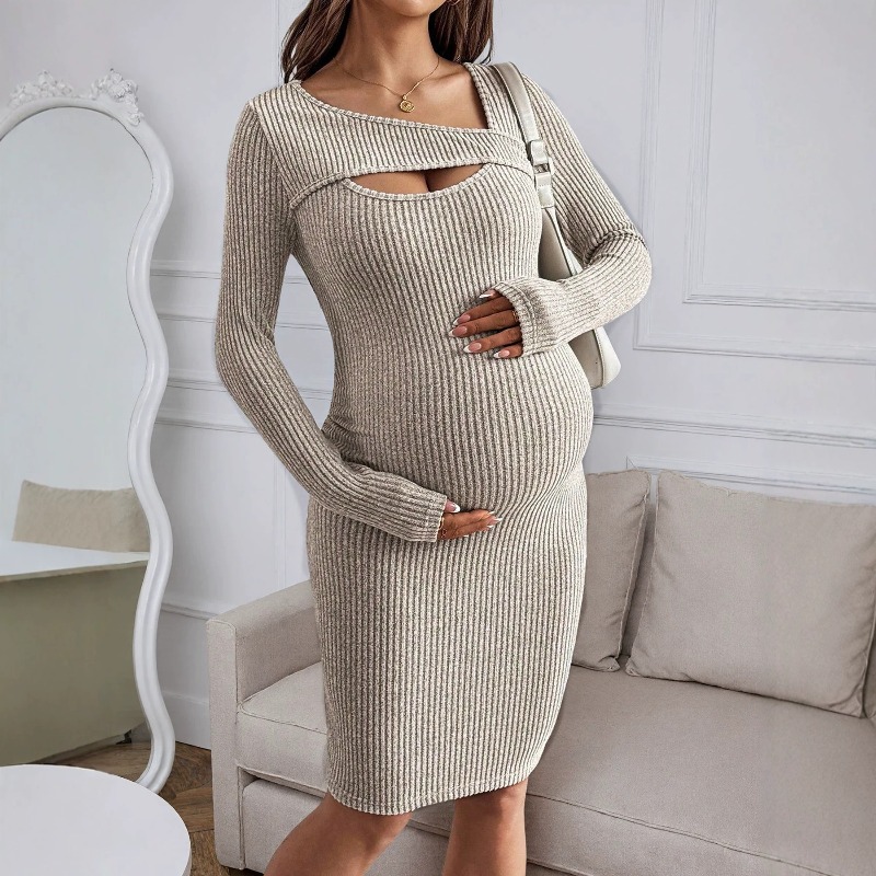 マタニティウェア 長袖リブドレス 妊婦用 ホローアウト スリ - Bodycon Long Sleeve Ribbed Dress のレビューと価格