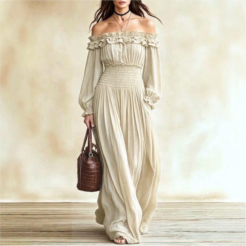 女性用オフショルダーラッフルマキシドレス、ロングランタンスリ - Off Shoulder Puff Sleeve Sundress のレビューと価格