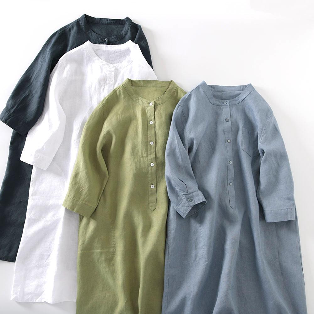 アウトレット 日本風 リネンシャツワンピース レディース カ - Casual Loose Linen Shirt Dress のレビューと価格