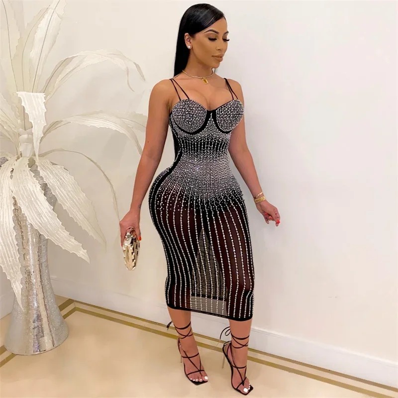 セクシーなシースルーラインストーンドレス女性イブニングナイト - Sparkly Rhinestone Club Party Dress のレビューと価格