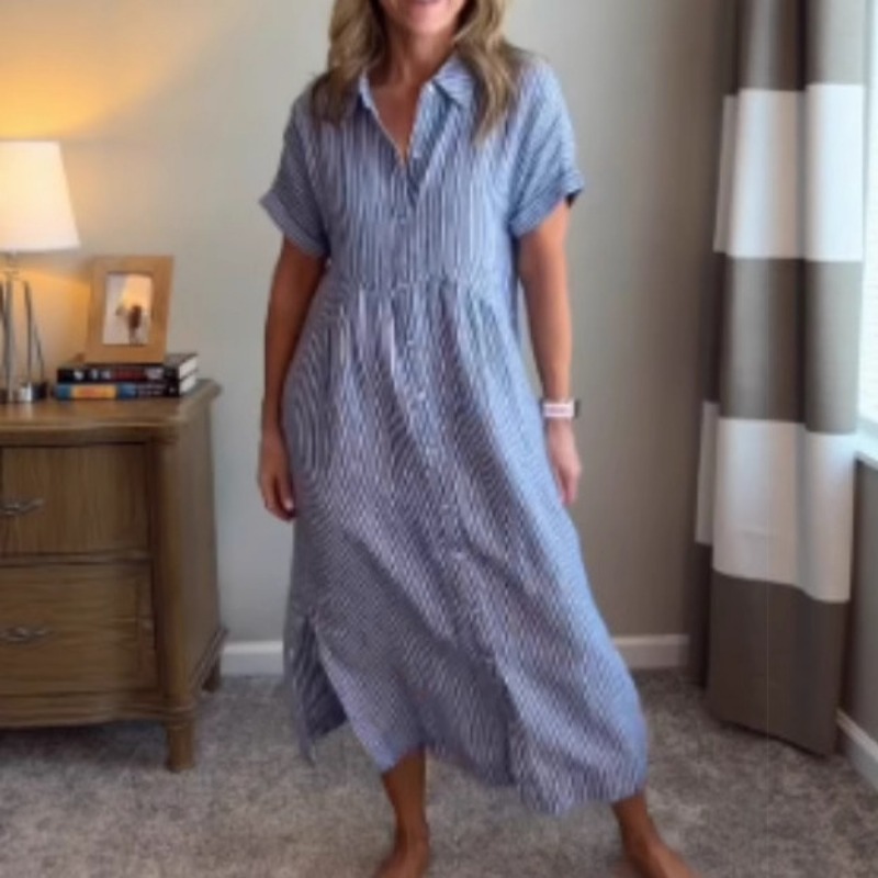 レディースストライプシャツドレス 夏用 ルーズフィット プラ - Casual Loose Linen Shirt Dress のレビューと価格