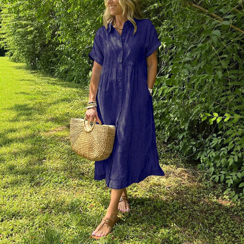 レディースストライプシャツドレス 夏用 ルーズフィット プラ - Casual Loose Linen Shirt Dress のレビューと価格