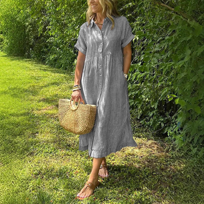 レディースストライプシャツドレス 夏用 ルーズフィット プラ - Casual Loose Linen Shirt Dress のレビューと価格