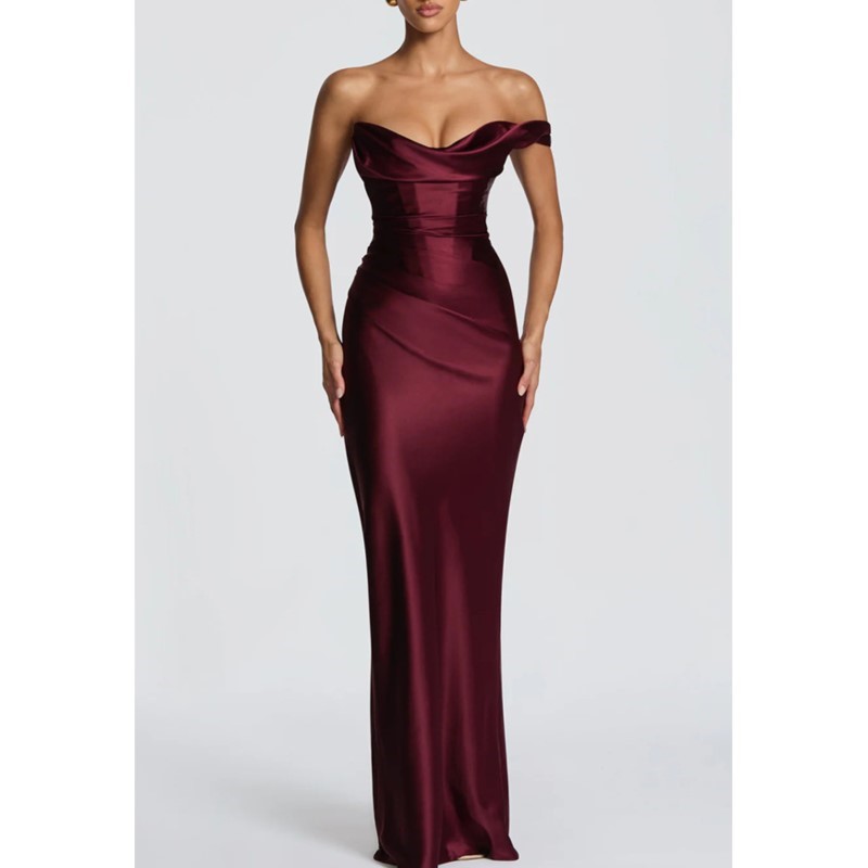 セクシーなスリムサテンドレス、エレガントでシックなプリーツワ - Elegant Satin Evening Gown Split のレビューと価格