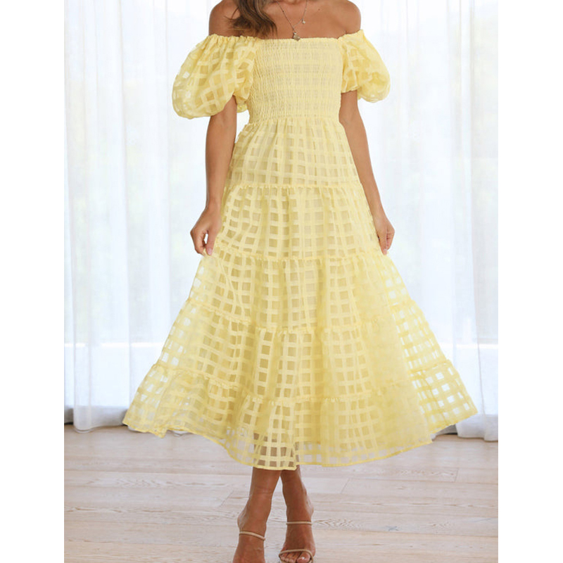 エレガントなオフショルダーの女性の夏のロングドレスセクシーな - Off Shoulder Puff Sleeve Sundress のレビューと価格