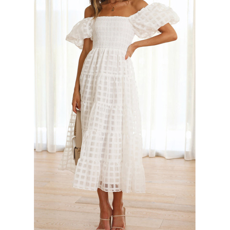 エレガントなオフショルダーの女性の夏のロングドレスセクシーな - Off Shoulder Puff Sleeve Sundress のレビューと価格